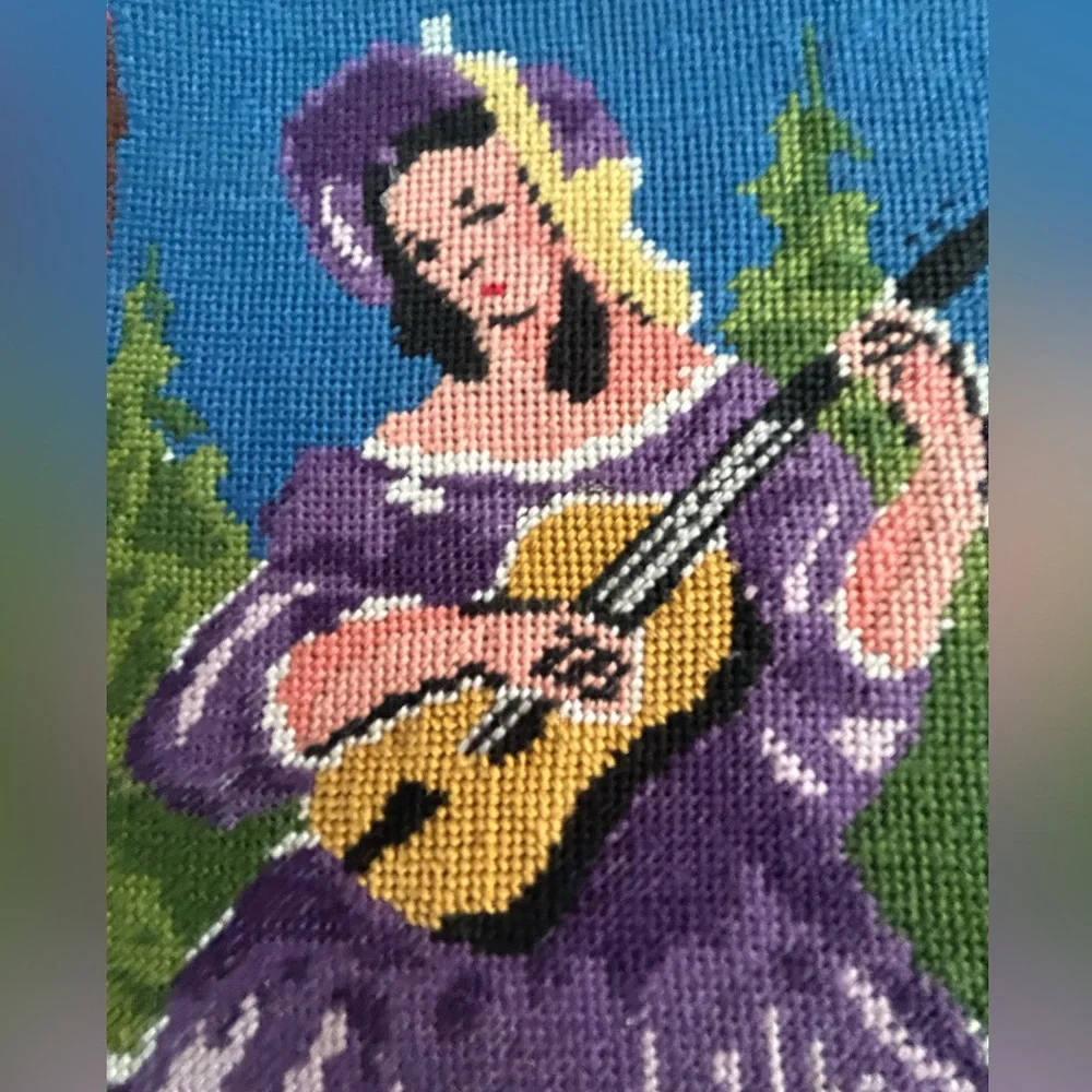 Vintage Needlepoint Completed Lady W/Guitar Hat Not Framed Clean Colorful Craft